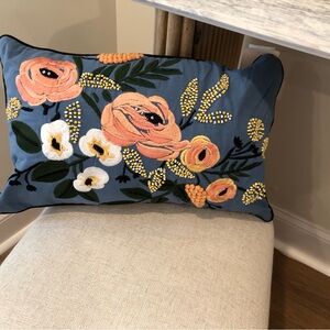 Floral Embroidered Throw Pillow - Blue and Orange